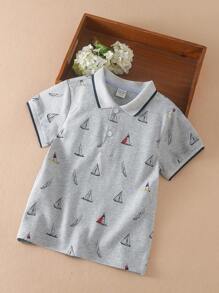 Cậu bé Tween Thuyền buồm In Viền tương phản Áo polo - Xám - Xem 1