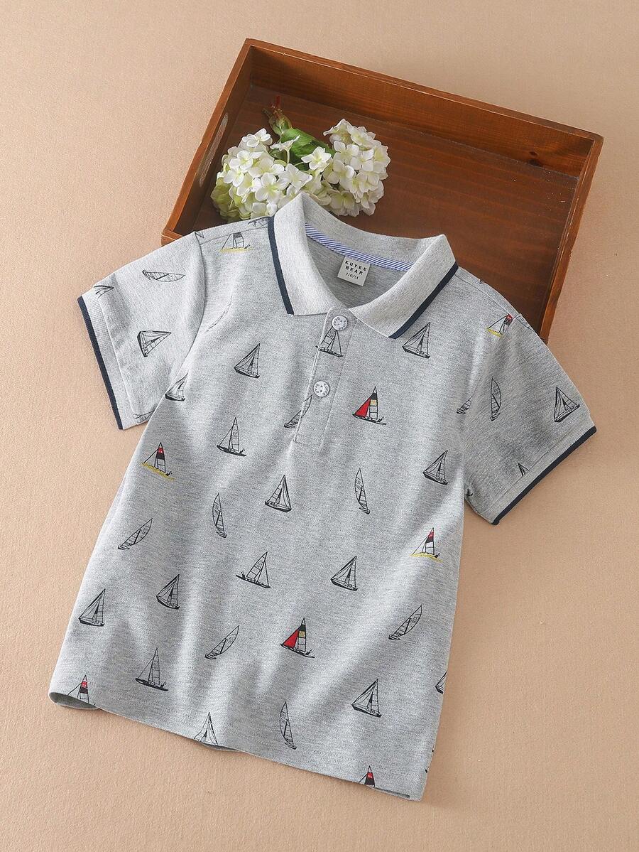 Cậu bé Tween Thuyền buồm In Viền tương phản Áo polo - Xám - Xem 1