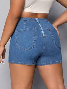 SHEIN EZwear 大碼高腰前圍裹牛仔裙褲 - 中等水洗藍 - 查看 2