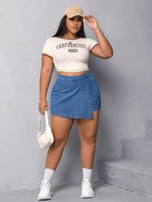 SHEIN EZwear 大碼高腰前圍裹牛仔裙褲 - 中等水洗藍 - 查看 5