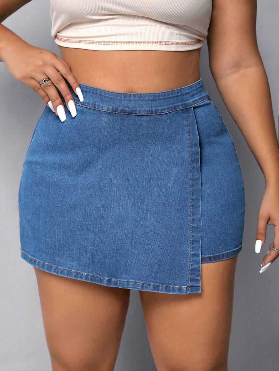 SHEIN EZwear 大碼高腰前圍裹牛仔裙褲 - 中等水洗藍 - 查看 1