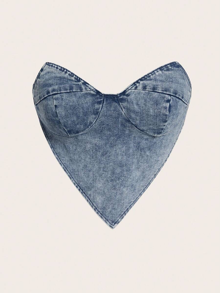 SHEIN ICON Áo khoác denim nữ Bất đối xứng Lộ Lưng Chi tiết cốc màu trơn Gợi cảm - Rửa nhẹ - Xem 1