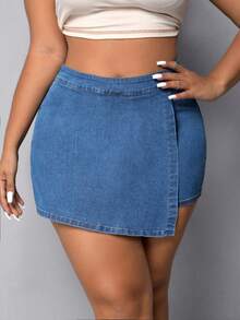 SHEIN EZwear 大碼高腰前圍裹牛仔裙褲 - 中等水洗藍 - 查看 6