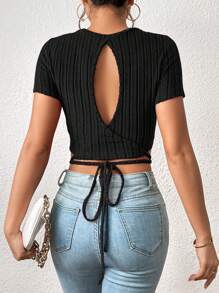 SHEIN Essnce 十字交叉後綁帶短款T恤 - 黑色 - 查看 5