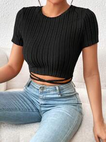 SHEIN Essnce 十字交叉後綁帶短款T恤 - 黑色 - 查看 7