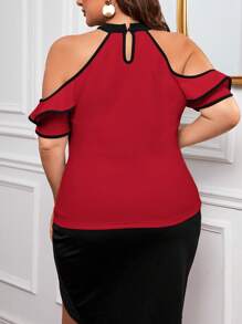 SHEIN Privé Hơn Vai lạnh Viền Ruffle Áo thun - Màu Đỏ Sâu - Xem 2