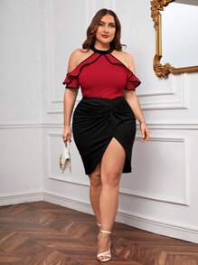 SHEIN Privé Hơn Vai lạnh Viền Ruffle Áo thun - Màu Đỏ Sâu - Xem 4