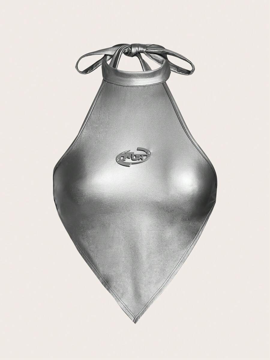 SHEIN ICON Letter Pattern Bandana Hem Backless Crop PU Halter Top