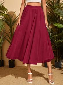 SHEIN Privé Solid Mesh Overlay Flare Skirt - Burgundy - View 4