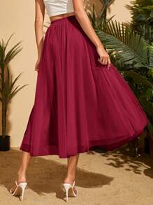 SHEIN Privé Solid Mesh Overlay Flare Skirt - Burgundy - View 2