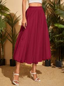 SHEIN Privé Solid Mesh Overlay Flare Skirt - Burgundy - View 1