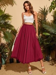 SHEIN Privé Solid Mesh Overlay Flare Skirt - Burgundy - View 3