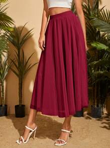 SHEIN Privé Solid Mesh Overlay Flare Skirt - Burgundy - View 5