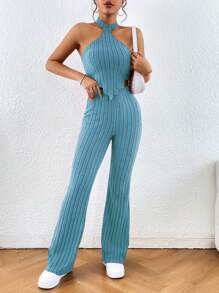 SHEIN Essnce Chất rắn Áo hai dây & Quần ống loe - Màu xanh bạc hà - Xem 1