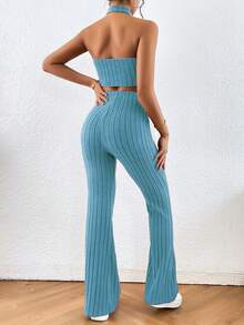 SHEIN Essnce Chất rắn Áo hai dây & Quần ống loe - Màu xanh bạc hà - Xem 2