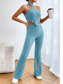 SHEIN Essnce Chất rắn Áo hai dây & Quần ống loe - Màu xanh bạc hà - Xem 4