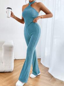 SHEIN Essnce Chất rắn Áo hai dây & Quần ống loe - Màu xanh bạc hà - Xem 7