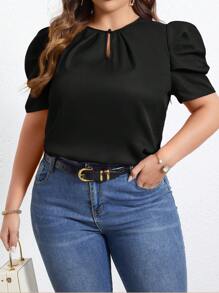 SHEIN LUNE Plus Keyhole Neckline Puff Sleeve Blouse