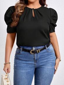 SHEIN LUNE Plus Keyhole Neckline Puff Sleeve Blouse