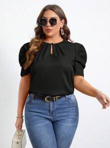SHEIN LUNE Plus Keyhole Neckline Puff Sleeve Blouse