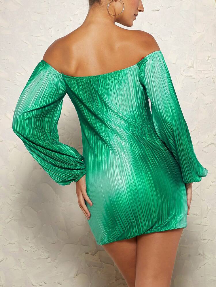 Ombre Print Off Shoulder Lantern Sleeve Plisse Bodycon Dress