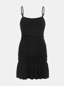 SHEIN Teen Girl Ruched Ruffle Hem Cami Dress - Black - View 1