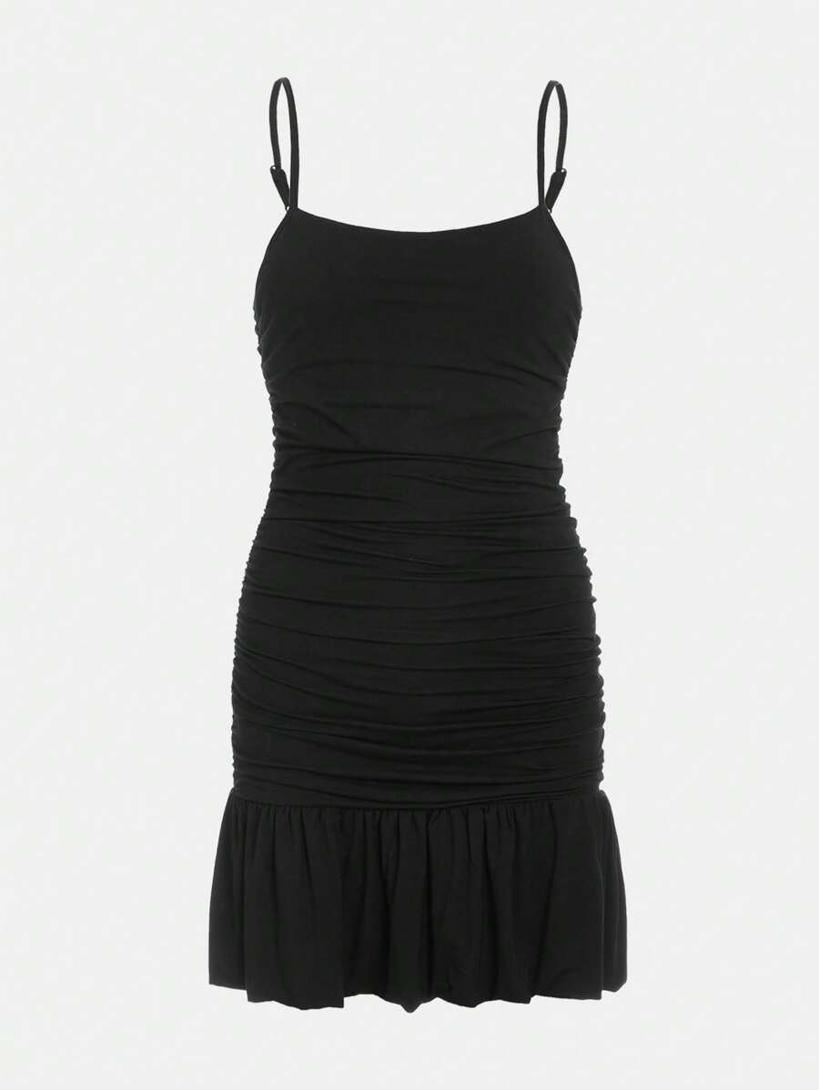 SHEIN Teen Girl Ruched Ruffle Hem Cami Dress - Black - View 1