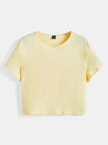 SHEIN BASICS Hơn Chất rắn Vòng cổ Áo thun - Màu vàng - Xem 1