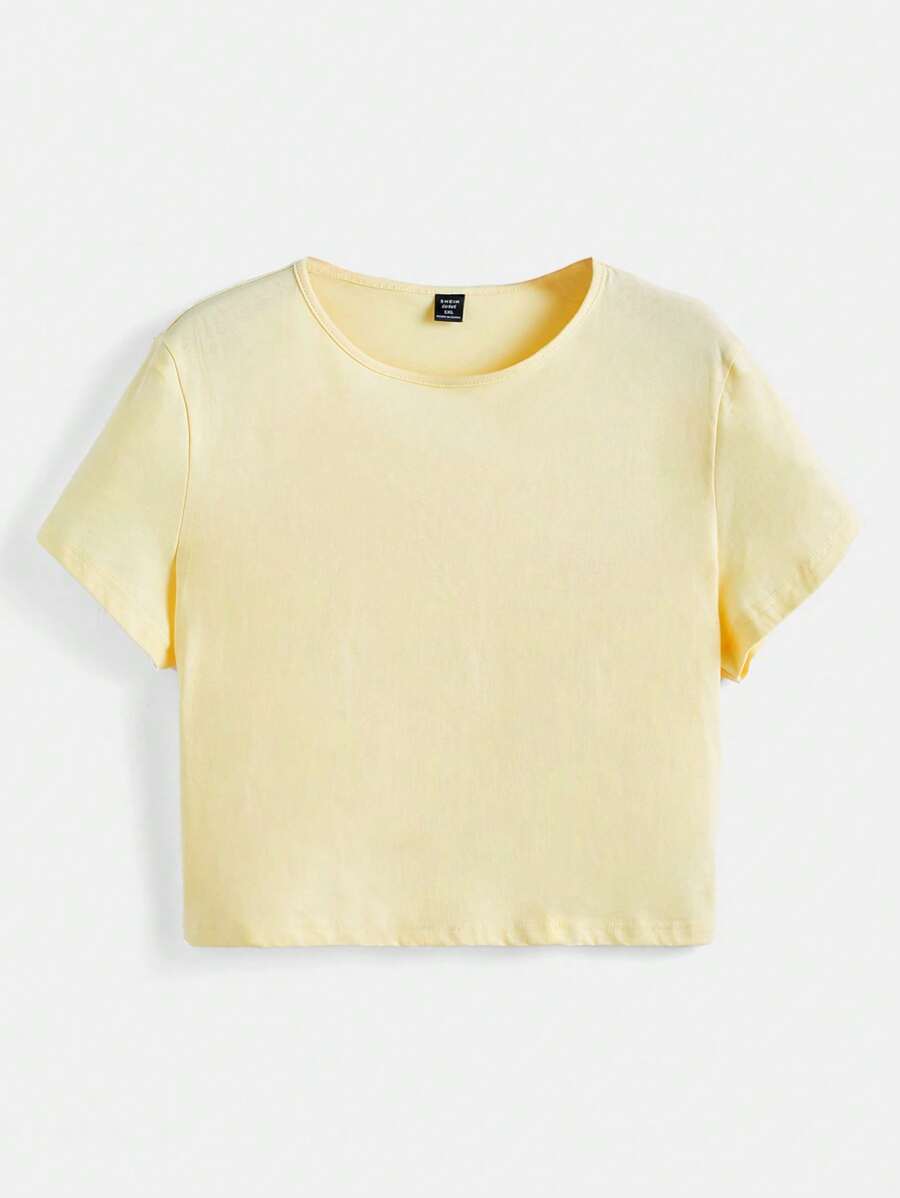 SHEIN BASICS Hơn Chất rắn Vòng cổ Áo thun - Màu vàng - Xem 1