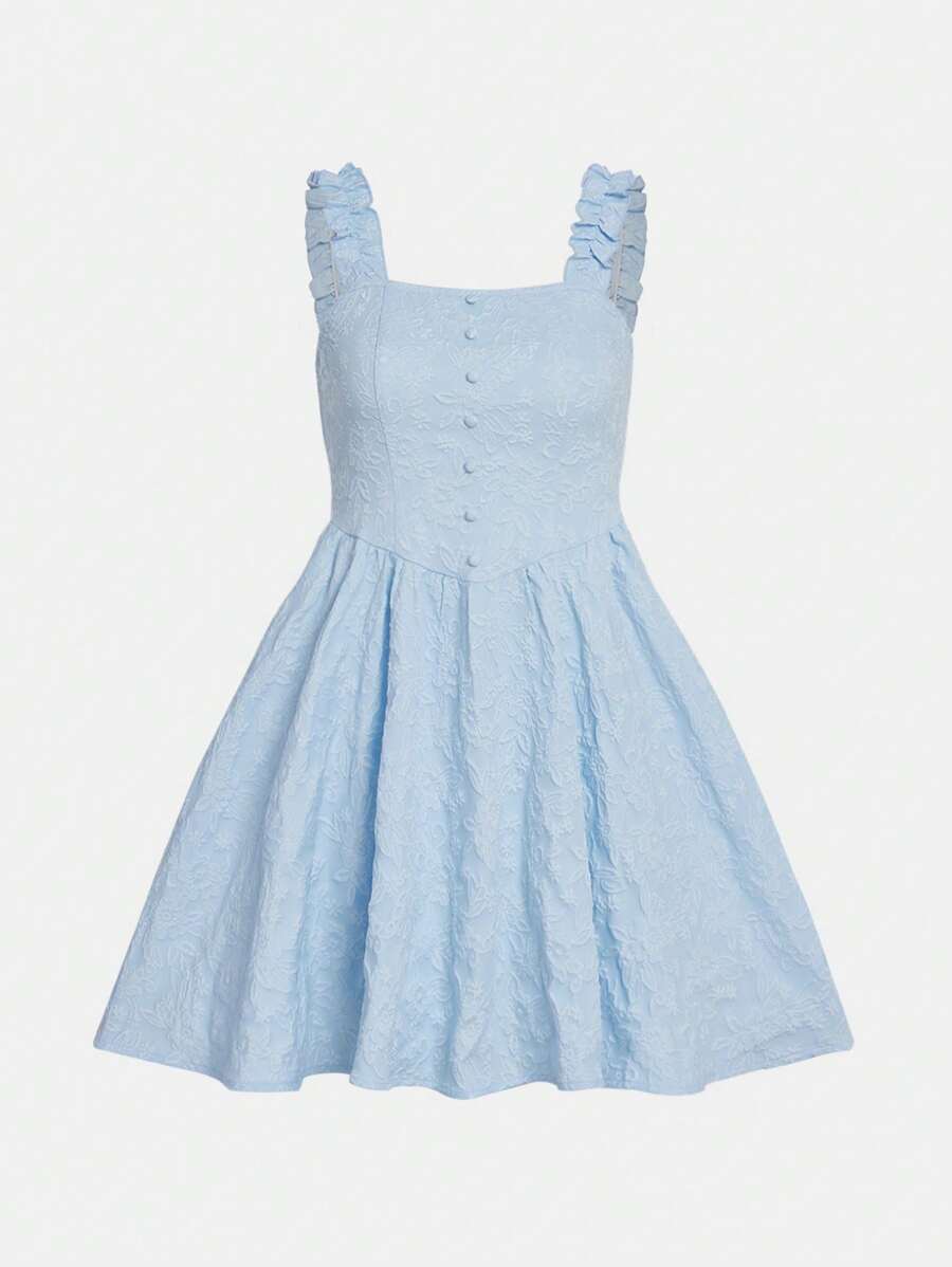 SHEIN 青少年女孩提花褶邊前紐扣吊帶連衣裙 - 淺藍色 - 查看 1