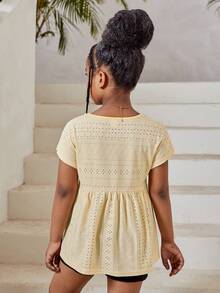 SHEIN Chica preadolescente Camiseta unicolor con bordado con ojal peplum - Amarillo - Ver 2