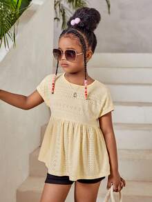 SHEIN Chica preadolescente Camiseta unicolor con bordado con ojal peplum - Amarillo - Ver 3