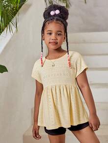 SHEIN Chica preadolescente Camiseta unicolor con bordado con ojal peplum - Amarillo - Ver 4