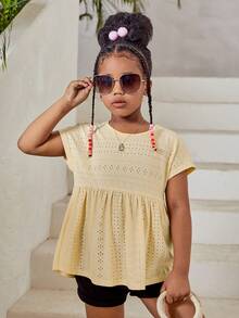 SHEIN Chica preadolescente Camiseta unicolor con bordado con ojal peplum - Amarillo - Ver 5