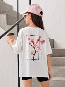 SHEIN Tween Girl Floral & Letter Graphic Drop Shoulder Tee - White - View 1