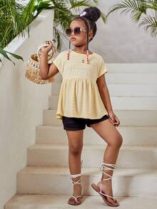 SHEIN Chica preadolescente Camiseta unicolor con bordado con ojal peplum - Amarillo - Ver 6