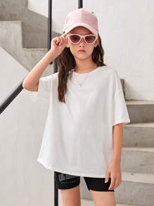 SHEIN Tween Girl Floral & Letter Graphic Drop Shoulder Tee - White - View 2