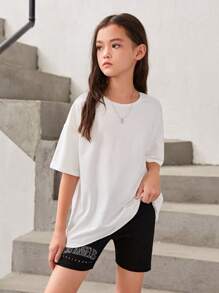 SHEIN Tween Girl Floral & Letter Graphic Drop Shoulder Tee - White - View 3
