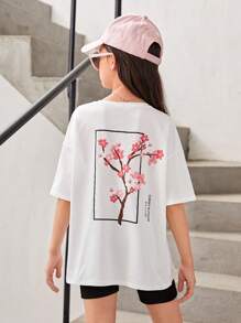 SHEIN Tween Girl Floral & Letter Graphic Drop Shoulder Tee - White - View 4