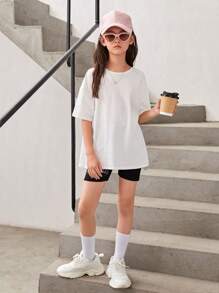 SHEIN Tween Girl Floral & Letter Graphic Drop Shoulder Tee - White - View 5