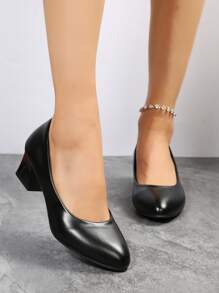 女性一腳蹬粗跟淺口皮鞋,優雅戶外黑色淺口高跟鞋 - 黑色 - 查看 1