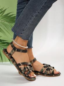 女士迷彩交叉帶平底涼鞋,女士彩色平底涼鞋 - 彩色 - 查看 8