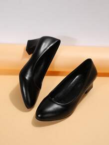 女性一腳蹬粗跟淺口皮鞋,優雅戶外黑色淺口高跟鞋 - 黑色 - 查看 2