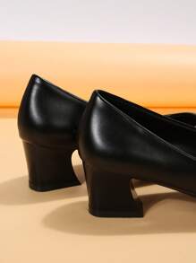 女性一腳蹬粗跟淺口皮鞋,優雅戶外黑色淺口高跟鞋 - 黑色 - 查看 3