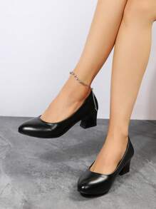 女性一腳蹬粗跟淺口皮鞋,優雅戶外黑色淺口高跟鞋 - 黑色 - 查看 7