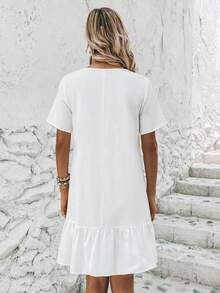SHEIN VCAY In Địa lý Cà vạt Xù Hoa Sen Váy Smock - Xanh và trắng - Xem 2
