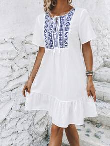 SHEIN VCAY In Địa lý Cà vạt Xù Hoa Sen Váy Smock - Xanh và trắng - Xem 4