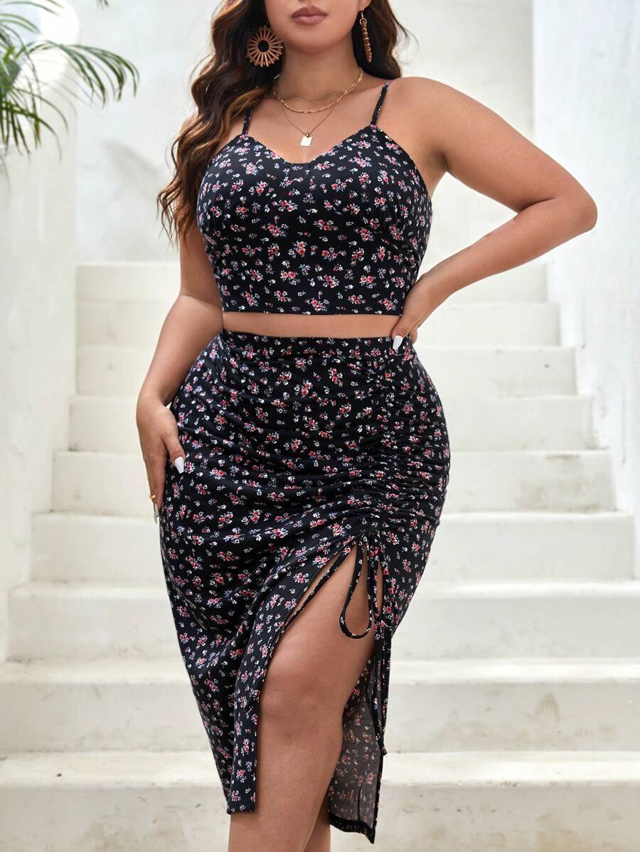SHEIN VCAY Plus Ditsy Floral Print Cami Top & Drawstring Split Thigh Skirt,Holiday Outfits Boho
