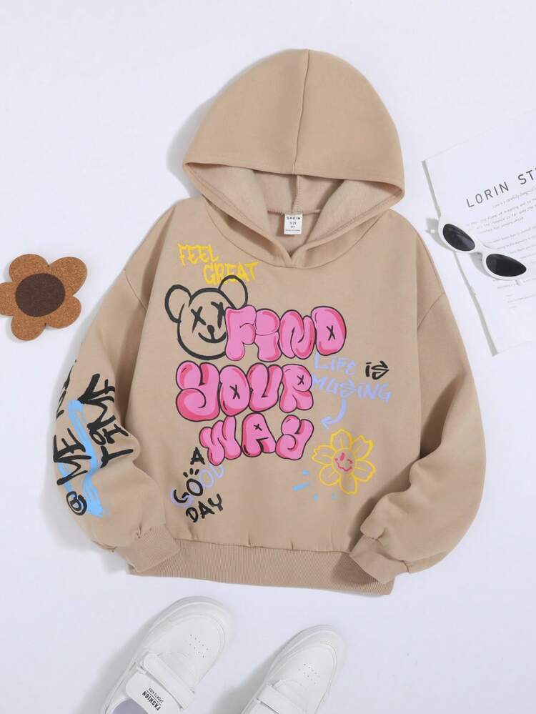 Tween Girl Cartoon & Slogan Graphic Thermal Sweatshirt