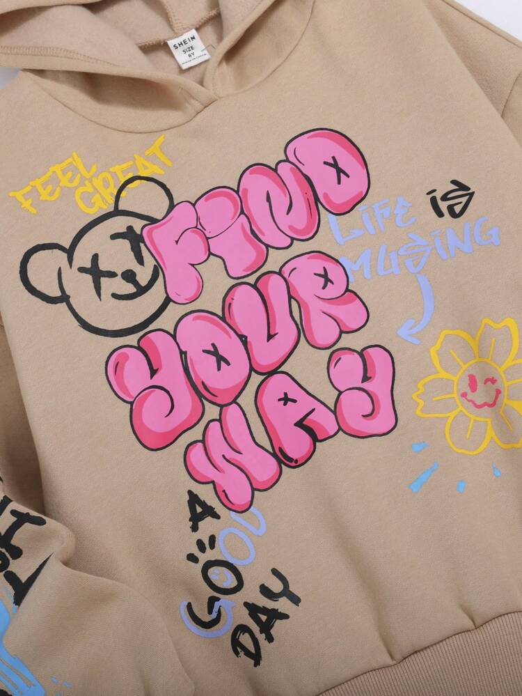 Tween Girl Cartoon & Slogan Graphic Thermal Sweatshirt